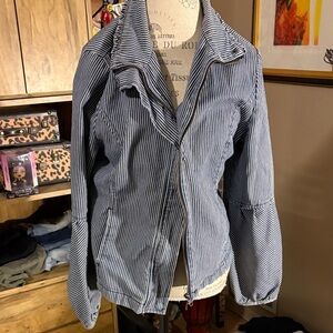 Live a Little Blue and White Striped Zip-Front Jean Jacket - Large